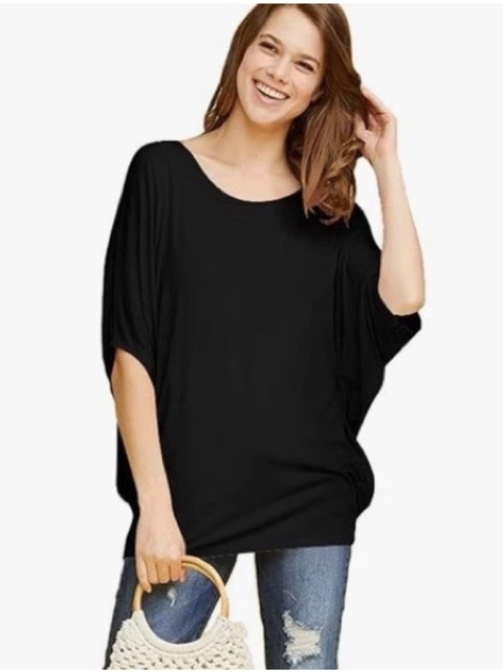 Made by Johnny Women's Scoop Neck Half Sleeve Batwing Dolman Rayon Top Black Med